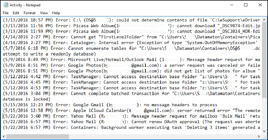 The Blob activity log.