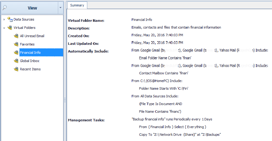 An example Virtual Folder than contains all your financial info