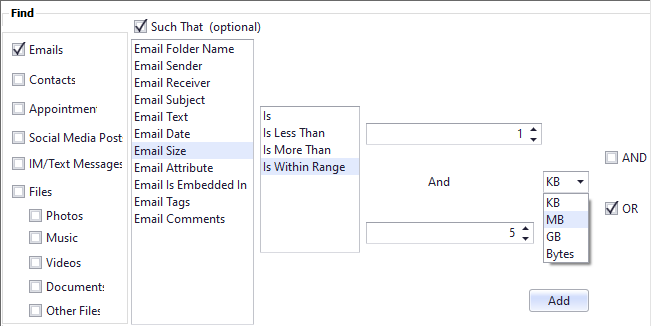 Criteria you can use to search size properties