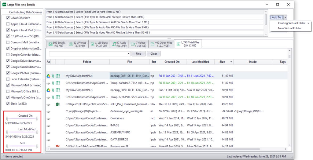 Knit allows you to change the range of dates and sizes in Search Results display