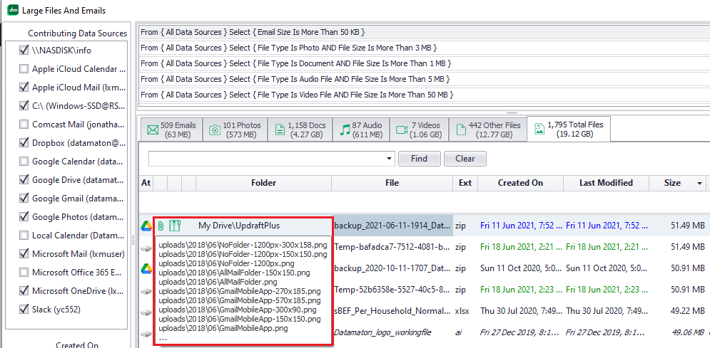 Hover over the attachment icon to see embedded files