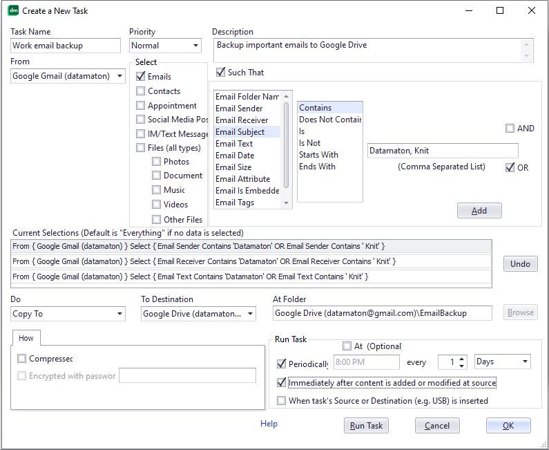 Create a backup task to automatically backup emails