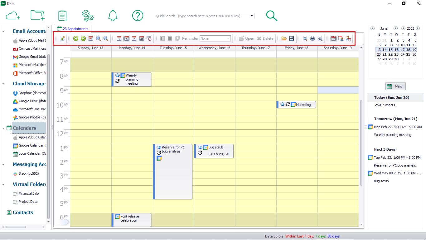 Knit calendar menu buttons to manage your appointments