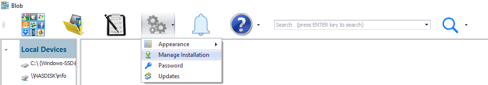Manage Blob Installation menu options