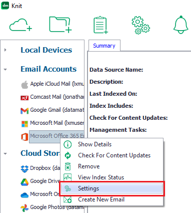 Select the Settings menu item to view settings