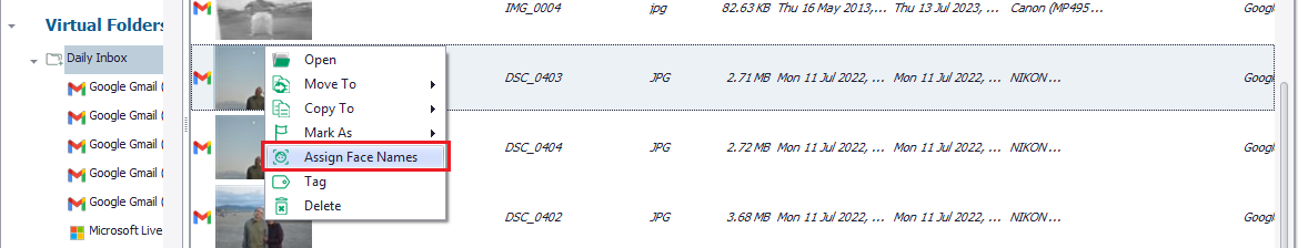 Menu opton to assign face names in a specific photo or video
