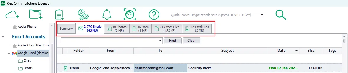 Datamaton Knit Omni shows files, emails & appts in their own tabs