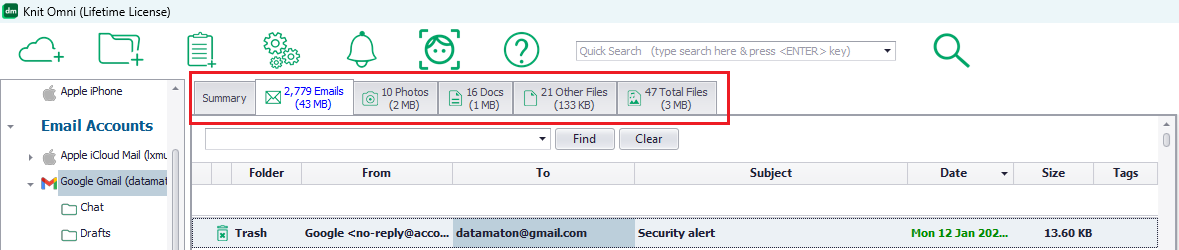 Datamaton Knit Omni shows files, emails & appts in their own tabs